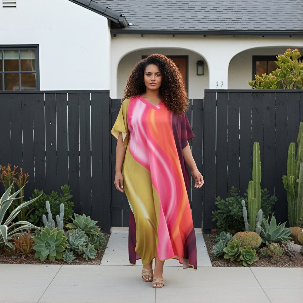 Gypsie Blu Multicolor Polyester Caftan Dress Plus Size Evening Wear Maxi Dresses